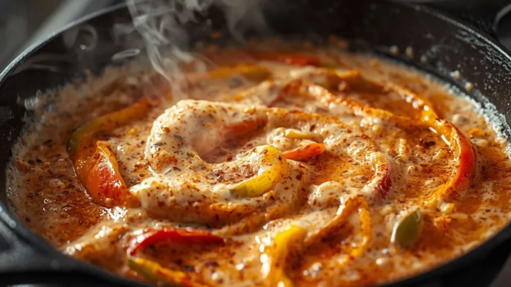 Jamaican Jerk Chicken Pasta — Creamy Rasta Pasta Recipe Heavy cream and warm jerk spices simmering with tricolor bell peppers inside a deep cast-iron skillet pan.
