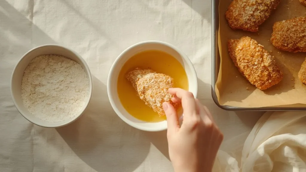 Crispy Fried Chicken Breast — Pan Fried, Juicy & Golden Breading station with egg wash bowls