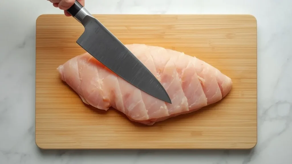Crispy Fried Chicken Breast — Pan Fried, Juicy & Golden Knife scoring raw chicken cross-hatch