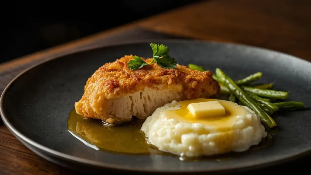 Crispy Fried Chicken Breast — Pan Fried, Juicy & Golden pan fried chicken breast served with mashed potatoes.