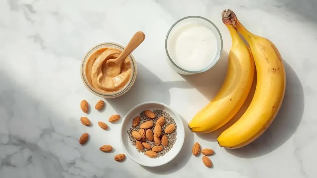 breakfast shake natural ingredients flatlay