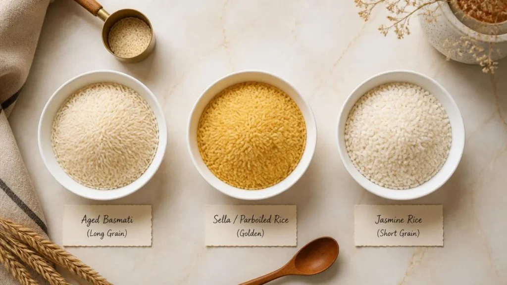 Three small bowls of different rice varieties — aged basmati, sella parboiled, and jasmine — arranged for water ratio comparison