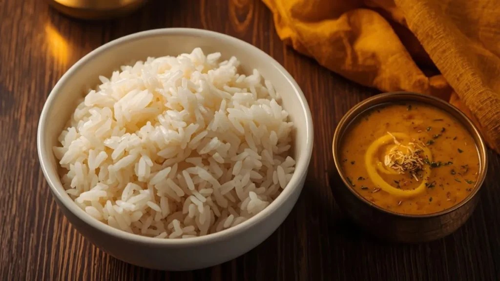 A white ceramic bowl of fluffy cooked basmati rice served alongside golden dal tadka, plated for a classic dal chawal meal