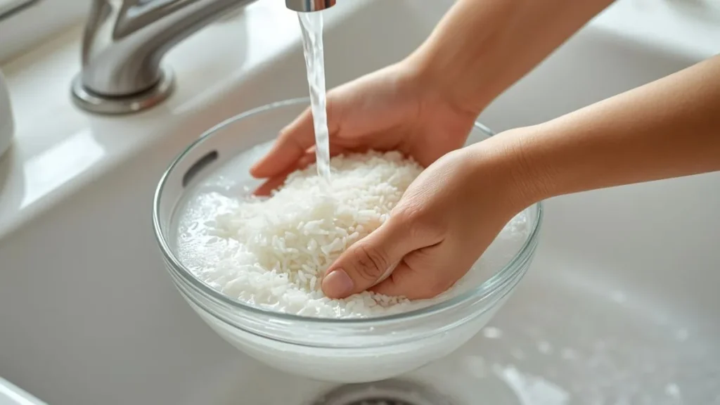 Hands rinsing uncooked white rice in a bowl under cold running water to remove excess starch and prevent sticky rice