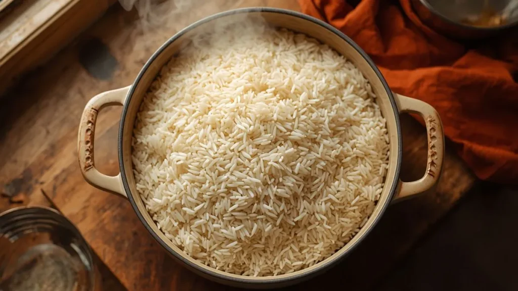 A pot of perfectly fluffy white basmati rice with separate grains, showing how to prevent mushy rice at home.
